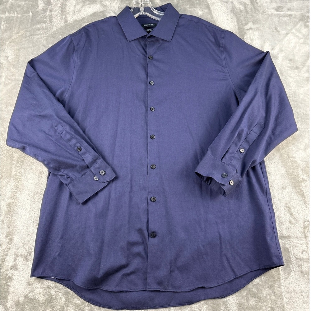 Kenneth Cole Dress Shirt Mens XL Slim Fit Navy Blue Non-Iron Stretch EUC